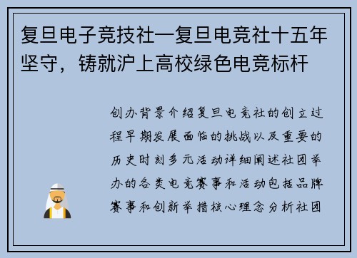 复旦电子竞技社—复旦电竞社十五年坚守，铸就沪上高校绿色电竞标杆